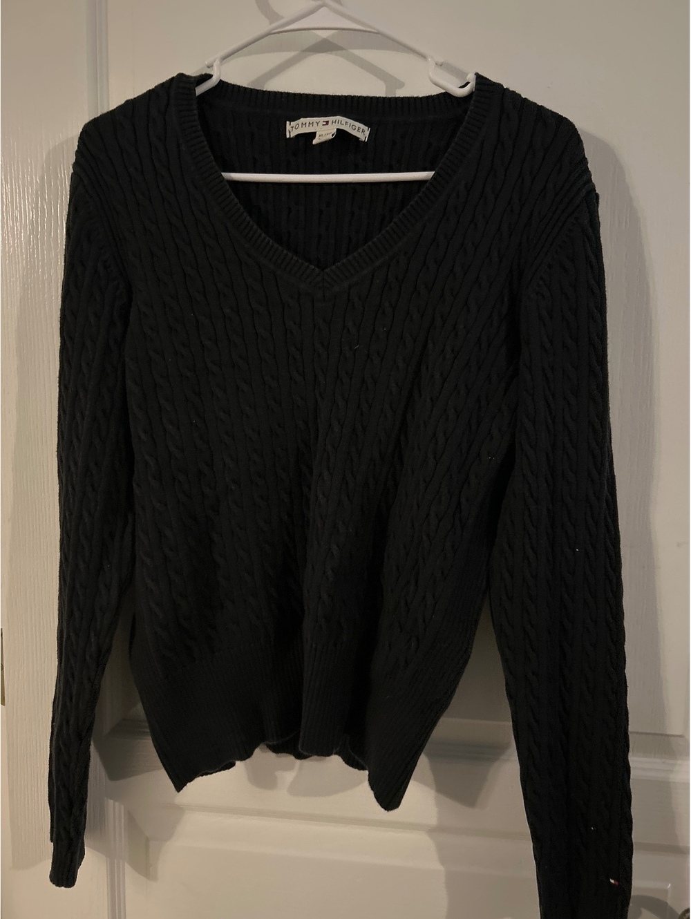 Tommy Hilfiger Black Cable Knit V-Neck Sweater XL